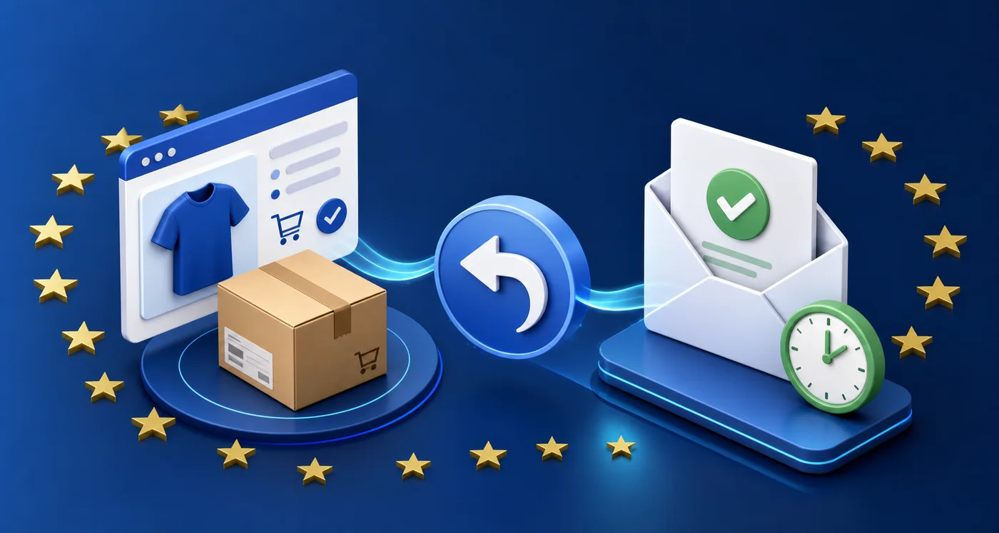 Flux online de retragere pentru un magazin ecommerce din Uniunea Europeană, de la comandă la confirmarea prin e-mail