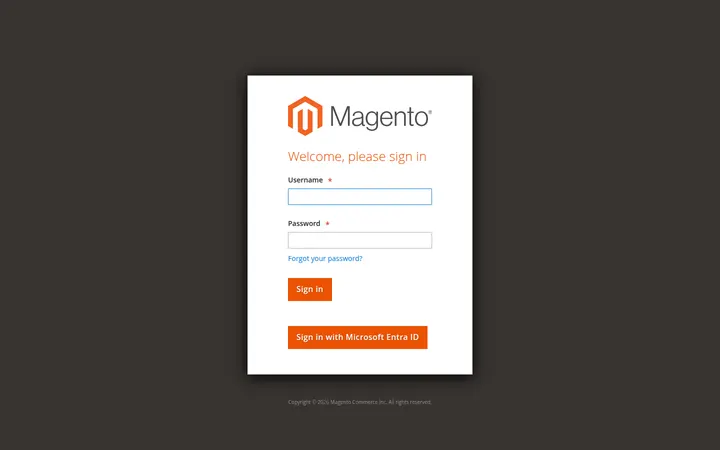 Autentificarea în adminul Magento, cu butonul Sign in with Microsoft Entra ID.