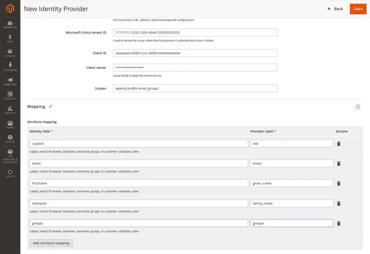 Maparea atributelor din claim-urile furnizorului către identitatea clientului Magento.