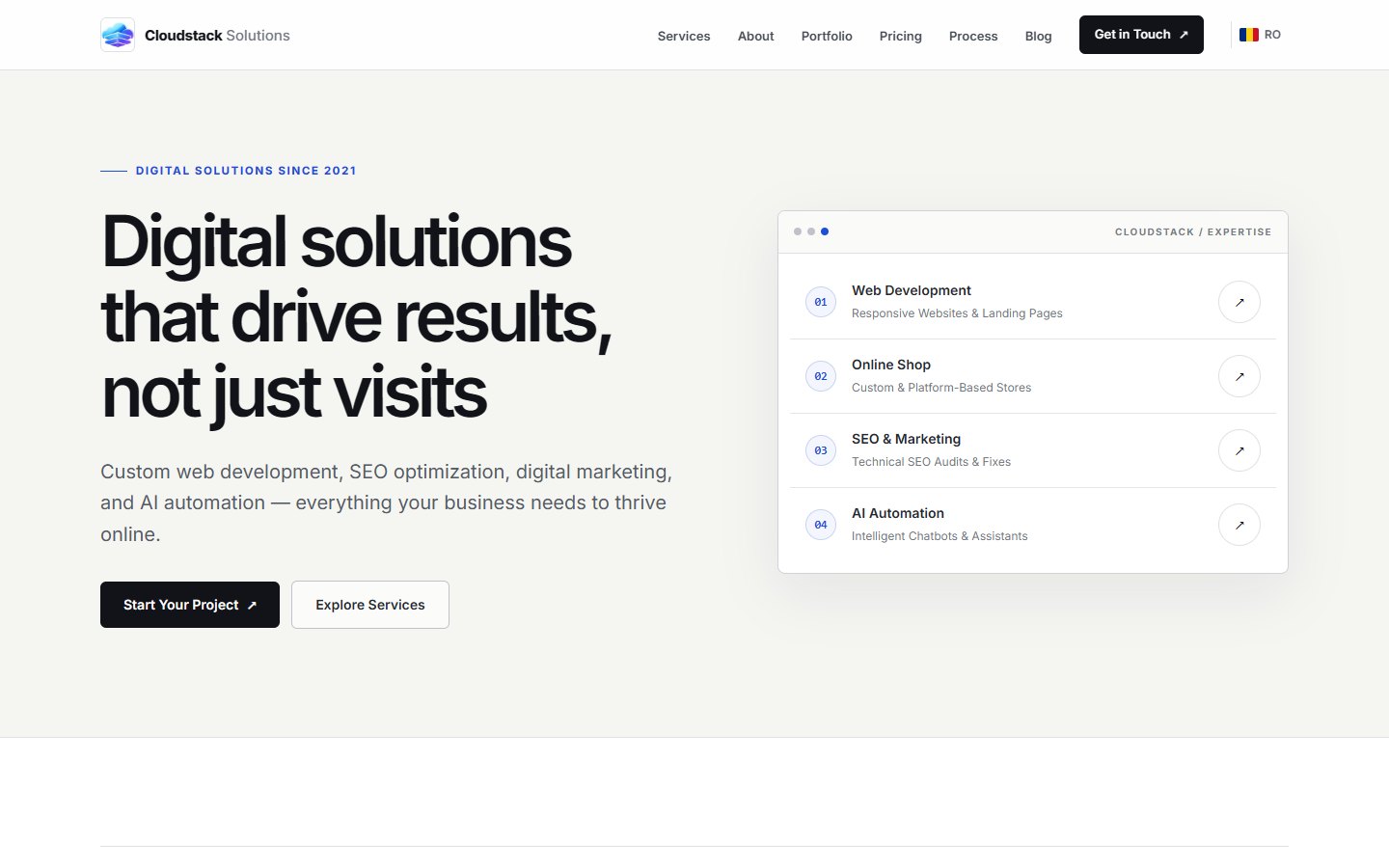 Pagina principală CloudStack Solutions cu servicii de dezvoltare web, SEO, marketing și automatizare