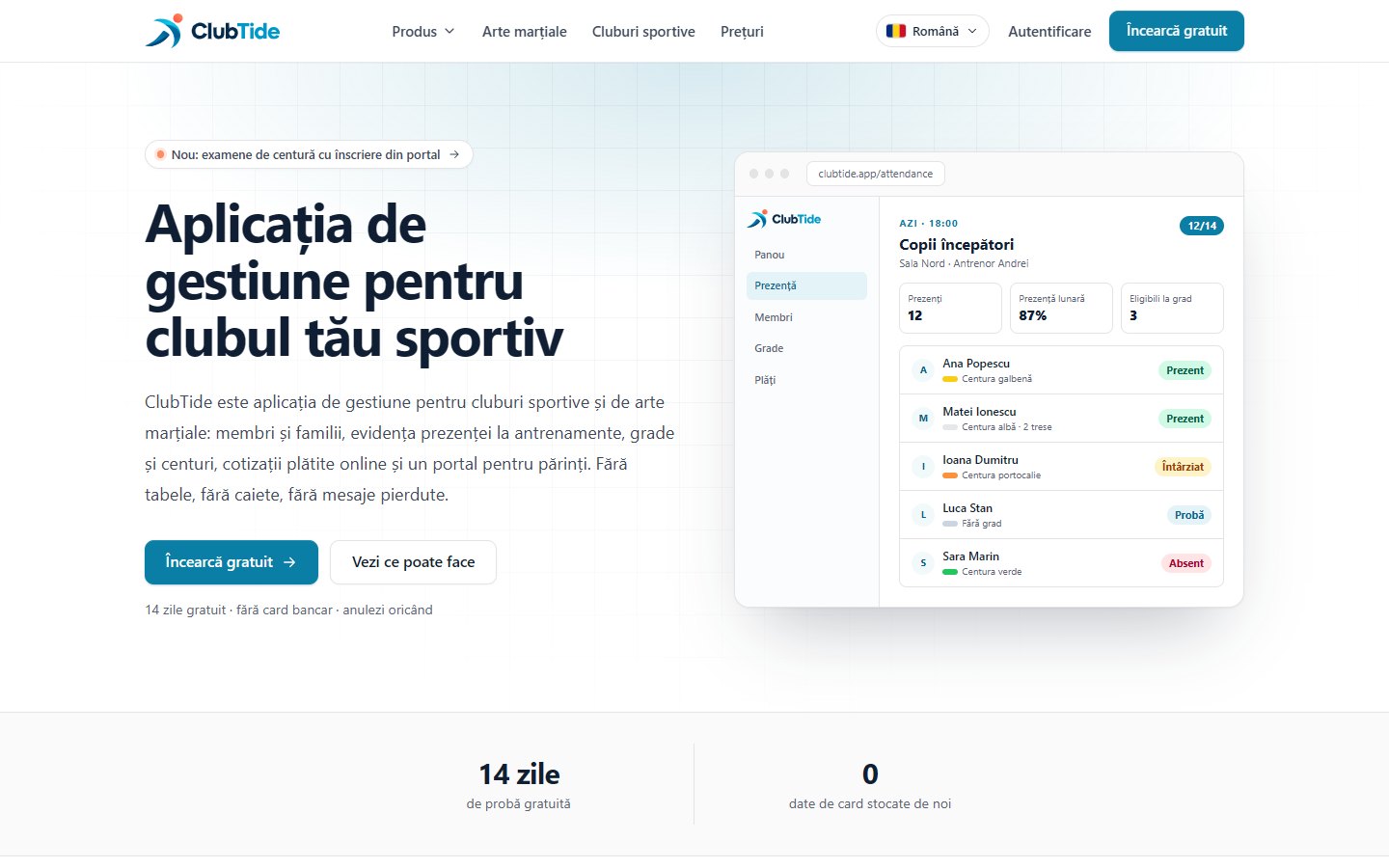 Pagina principală ClubTide cu panoul de administrare al clubului și fluxul de prezență