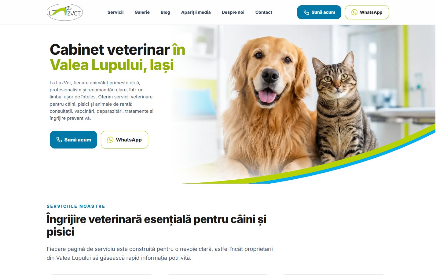 Pagina principală a cabinetului veterinar LazVet, cu servicii și fotografie cu animale