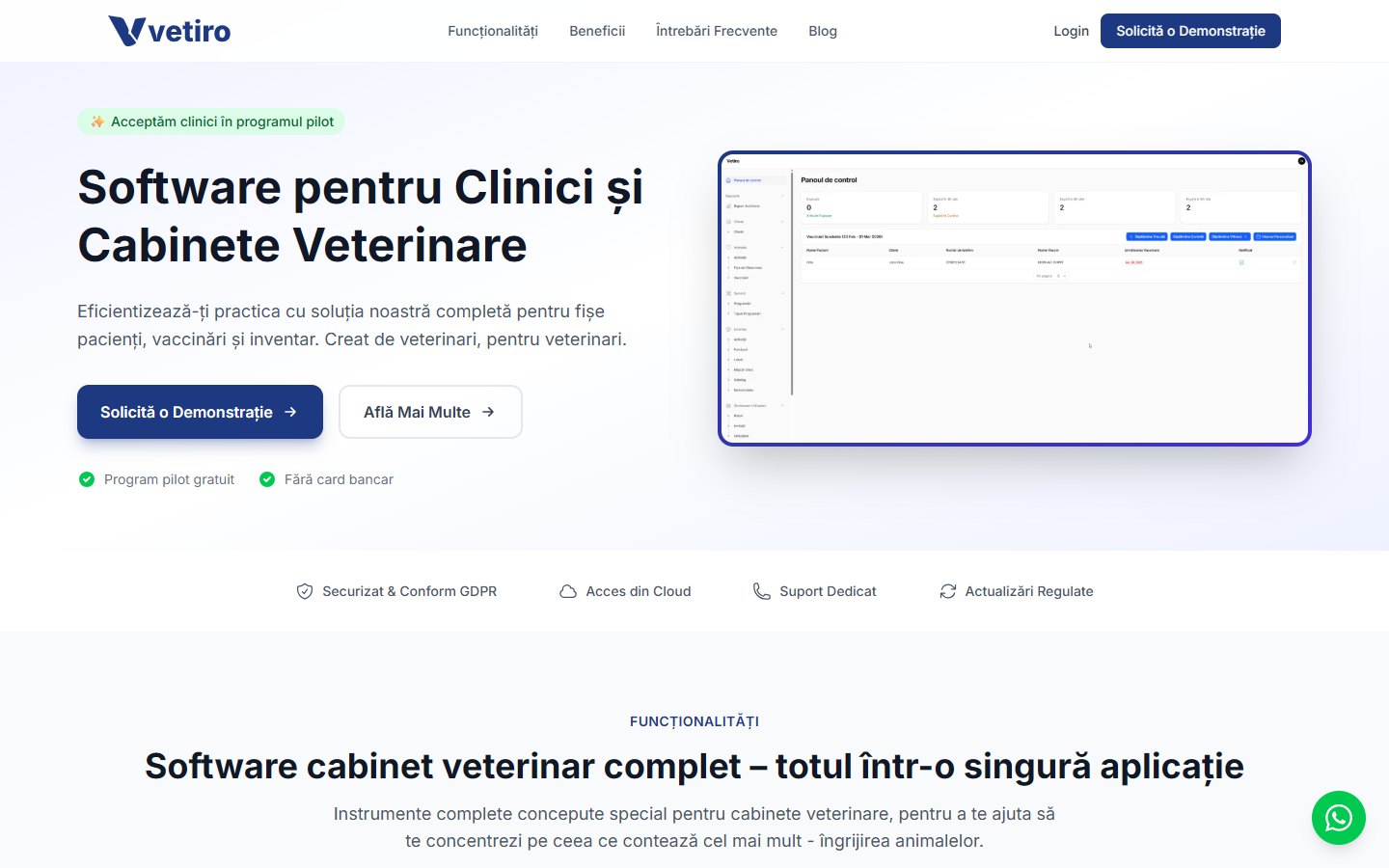 Pagina principală Vetiro cu panoul aplicației pentru administrarea cabinetului veterinar